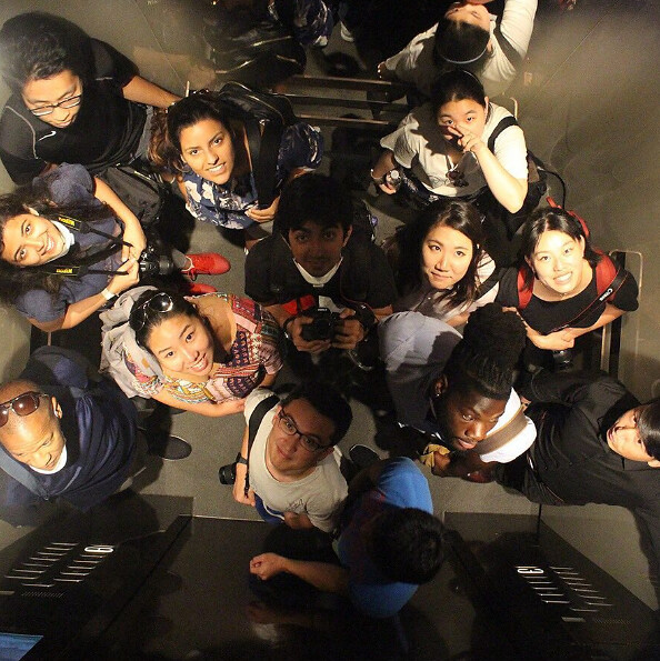 Students pose in an elevator during a tour of one of Beijing's high-rise office buildings. photo / Vaharan Elavia (M.Arch.II '18) 