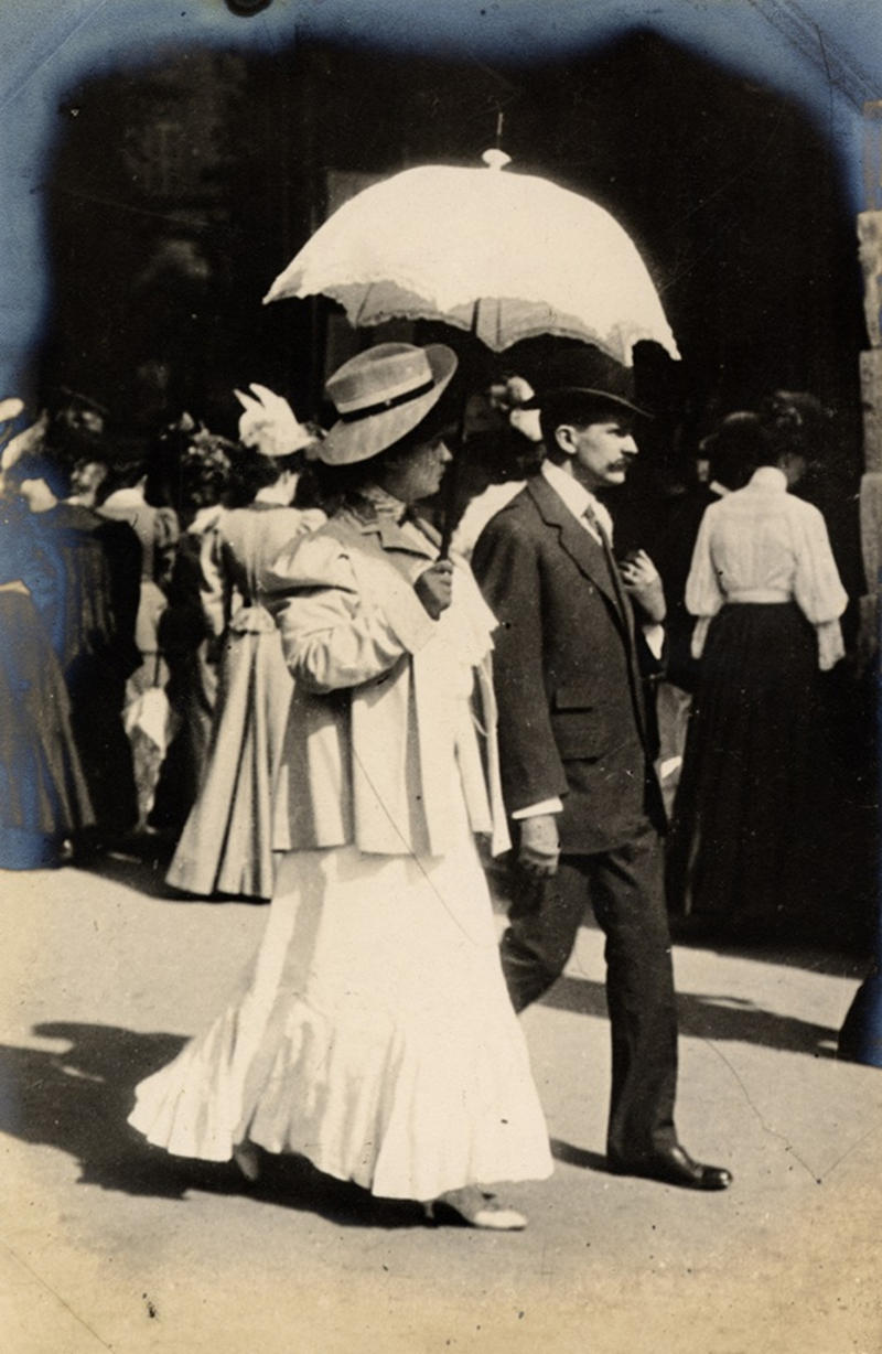 A parasol looks the part on the Boulevard des Italiens, Paris, 1906