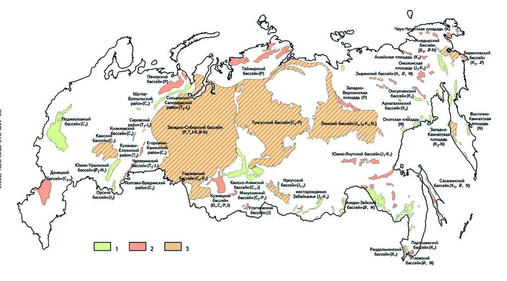 Размещение угленосных бассейнов, районов и площадей на территории России