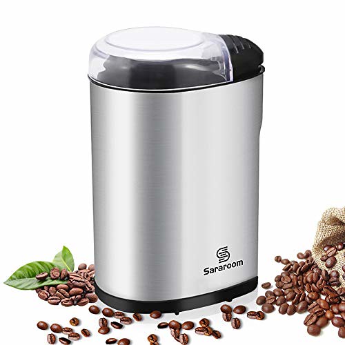 Electric Coffee Grinder, Sararoom Coffee Bean and Spice Grinder Mill 110V Low Noise DC Motor with Stainless Steel Body and Blades for Burr Spices, Coffee Bean, Nuts, Herbs, Grains and More