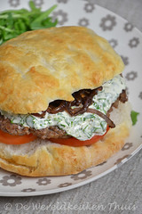 Indian burger with herbed yogurt and spiced onions
