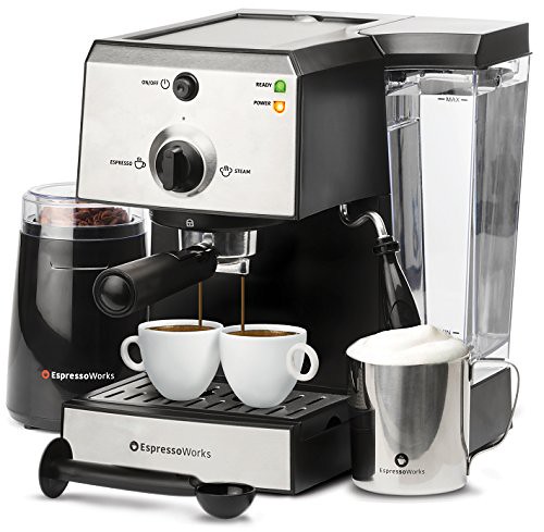 7 Pc All-In-One Espresso/Cappuccino Machine Bundle Set- (Includes: Electric Coffee Bean Grinder, Portafilter, Stainless Steel Frothing Cup, Measuring Spoon w/ Tamper & 2 Espresso Cups), Silver/Black Review