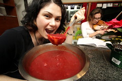 rachel enjoys a small bowl of beet borscht while meg… 