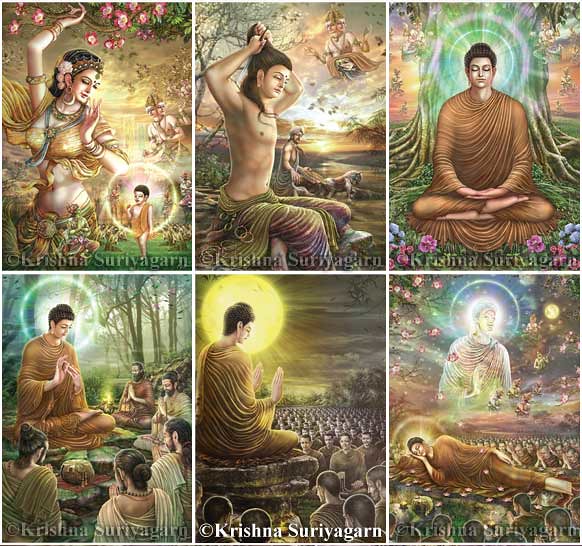 Enam dari 34 lukisan seni digital kehidupan Sri Buddha karya Krishna Suriyagarn. Gambar: Krishna Suriyagarn.