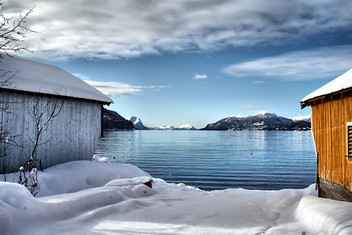 winter sea snow clouds bravo ramp fjord boathouses supershot sjøholt omot larigan phamilton nauster