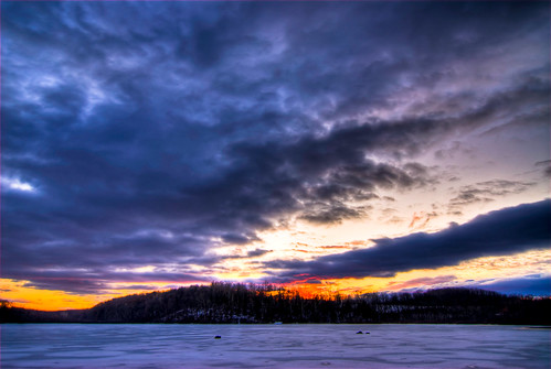 sunset sun lake snow ice set clouds hdr