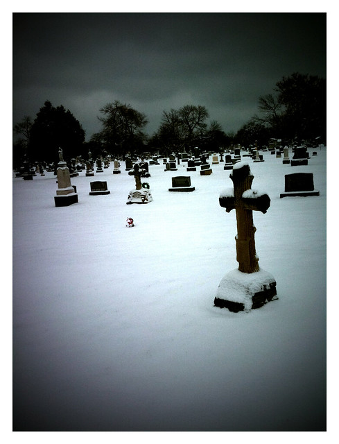 Stark beauty of snowy cemetery