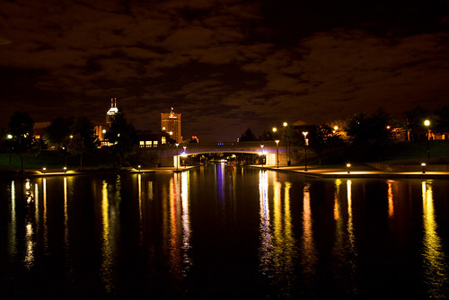 longexposure light urban orange white color reflection water yellow skyline night clouds canon reflections catchycolors landscape eos lights canal october purple indianapolis indy indiana nighttime 1855mm 2010 urbanlandscape 30d canoneos30d indykaleu