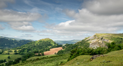 llangollen mountains castle farm land landscape panorama clouds stitch wales dee valley cliff sheep tree trees shrubs