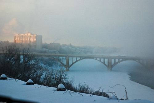 bridge winter snow canada cold ice fog sunrise saskatoon saskatchewan broadwaybridge
