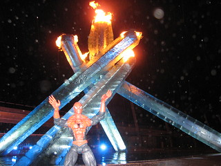 Spider-Man says "hello" in the rain at the Vancouver 2010 Winter Olympics Cauldron