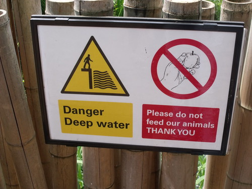 London Zoo - near the Gorilla Kingdom - Danger Deep Water and Please do not feed the animals - signs