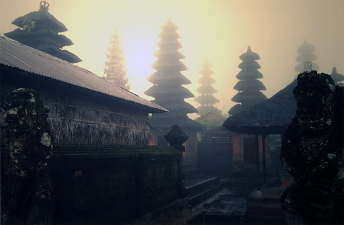 Bali temples in the morning fog