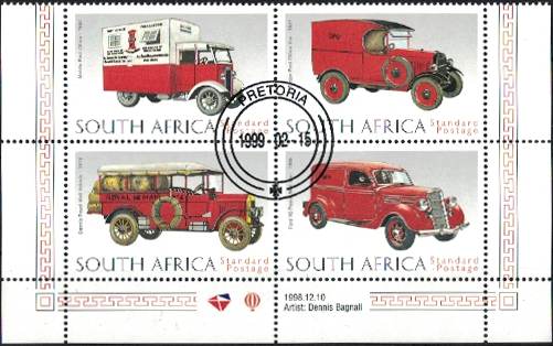 Známky Južná Afrika 1999 Poštové autá, razítkovaný hárček