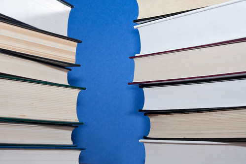 Two parallel stacks of books on blue background
