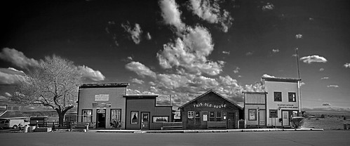 sky blackandwhite bw panorama monochrome clouds oregon rural town highway dramatic handheld storefronts smalltown 97 shaniko