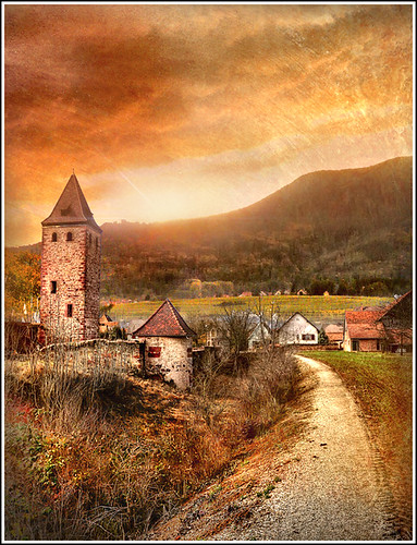 sunset sky mountain france tower history texture architecture clouds rural photoshop painting way landscape nikon tour village dream medieval dreaming alsace paysage campagne chemin vosges anotherworld mattepainting d90 priaux niedernai infinestyle frpix
