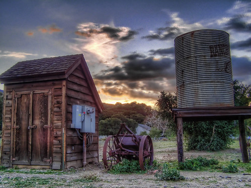 sunset clouds watertower shed rusty cart hdr sandcanyon