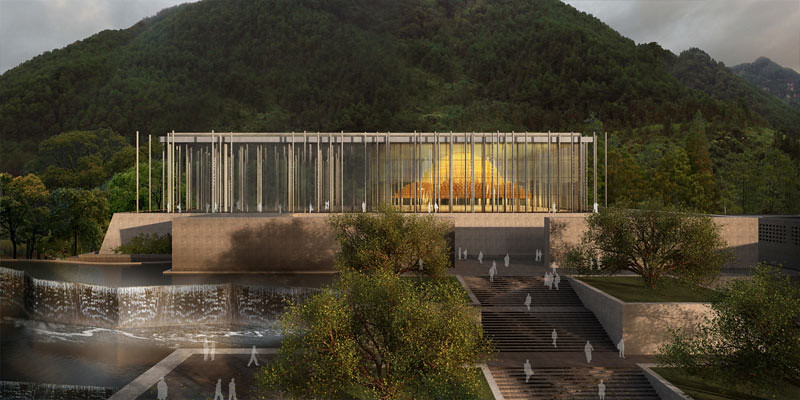Desain ilustrasi pengembangan Aula Besar Dharma di Akademi Buddhisme Nanhai, Provinsi Hainan, Tiongkok.