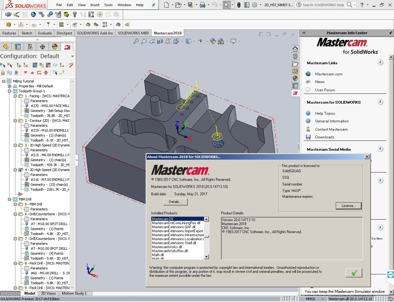 working with Mastercam 2018 (v20.0.14713.10) for SolidWorks 2010-2017 Win64