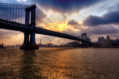 nyc newyorkcity bridge cloud sun ny newyork reflection brooklyn sunrise geotagged manhattan manhattanbridge eastriver hdr mudpig stevekelley