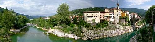 bridge trees summer people cute green water swim river town nice fishing afternoon little under hills slovenia valley fisher flowing kanal lovely arched soča jpingjk