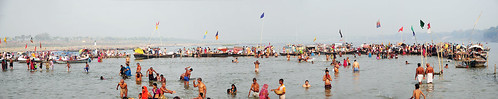 panorama india water river religious boat nikon flag holy hinduism saraswati pilgrim ganga ganges sangam allahabad prayag uttarpradesh d90 yamuna triveni
