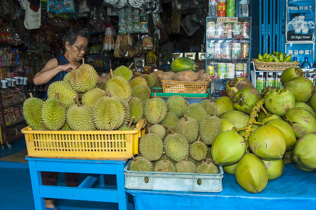 Durians and other local fruits on sale at Pulau Ubin