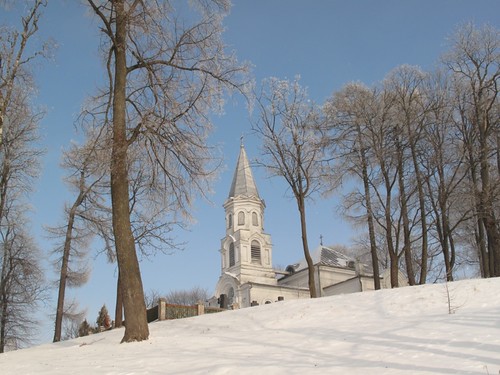 trees winter snow church lithuania telsiai