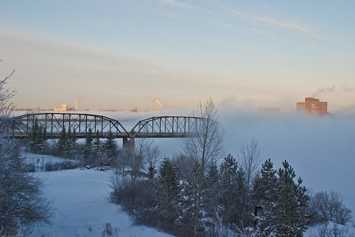 bridge winter snow canada cold ice fog sunrise saskatoon saskatchewan victoriabridge
