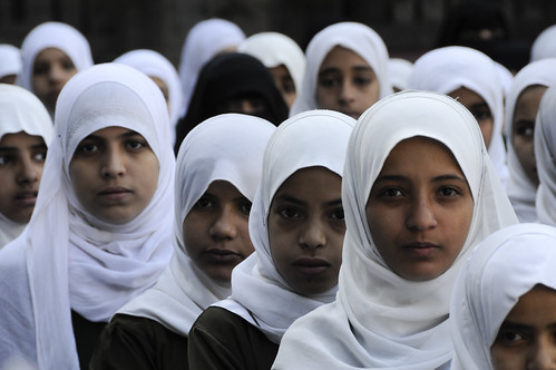 Girls attend morning assembly at the Shaheed Mohamed Motaher Zaid School in Sana'a