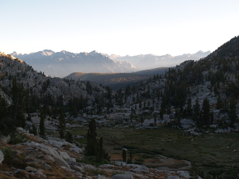 Dawn on the Simpson Meadows Trail, climbing up the Middle Fork of Dougherty Creek toward Granite Pass. There was frost on the meadow that morning. Cold!
