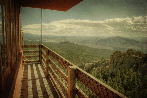 trees summer sky mountains clouds canon vintage landscape colorado rocks ranger afternoon grunge lookout cliffs aged railing hdr thundermountain firetower firelookout devilshead rampartrange pikenationalforest t1i