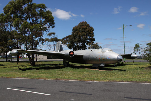 Canberra bomber A84-232 grounded outside the entrance to the Avalon Airport maintenance area