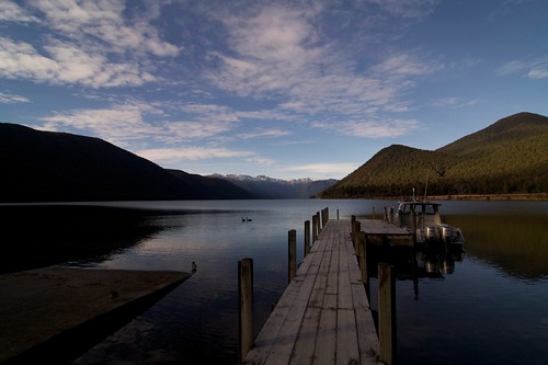 newzealand mountain lake reflection clouds pier boat raw swans 365 rotoroa project365