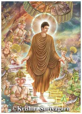 Lukisan digital karya Krishna Suriyagarn "Turun ke Bumi" (Coming Down to the Earth). Kisah Sri Buddha saat turun ke bumi setelah mengunjungi Surga Tavatimsa. Gambar: Krishna Suriyagarn