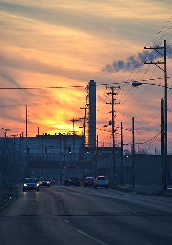 road sunset cars industrial dusk powerlines smokestack grandrapids