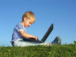 child with notebook sit blue sky