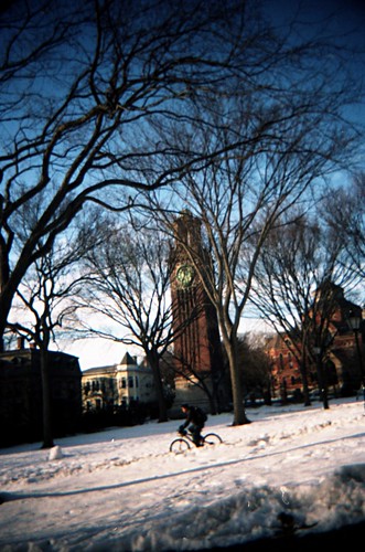 street light snow tower clock college colors bike bicycle composition campus photography view scenic newengland downhill providence rhodeisland brownuniversity kodakportra160nc blackbirdfly