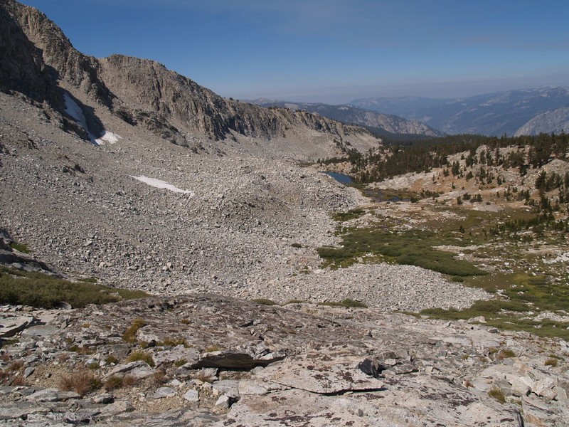Looking back down Horseshoe Creek. The topo map shows much larger patches of perennial snow along the north-facing slopes on the left.