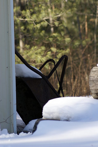 snow ice cottage february wheelbarrow