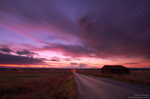 road sunset barn purple dusk