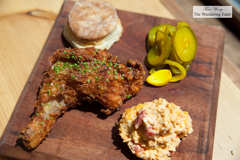 Masa fried chicken glazed with habanero honey, pimento cheese, homemade biscuit, and bread & butter pickles