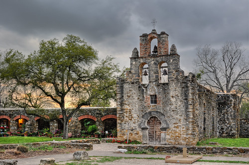 trees windows sunset church sanantonio clouds bells day catholic texas bell cloudy tx spanish hdr missionespada nationalhistoricpark photomatix missionsanfranciscodelaespada bluecityphotographycom