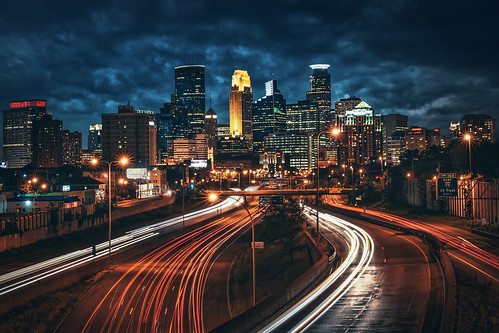 city longexposure storm lightpainting art minnesota skyline architecture night clouds buildings lights highway downtown cityscape crossing traffic minneapolis interstate lighttrails twincities mn tracers cartrails crisscrossing
