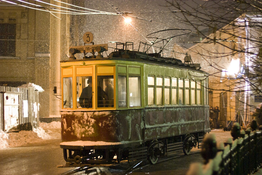 Moscow museum tram BF 932 at film shooting