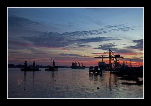 travel sunset sky cloud reflection water port canon river boats asia ship time crane yangon myanmar