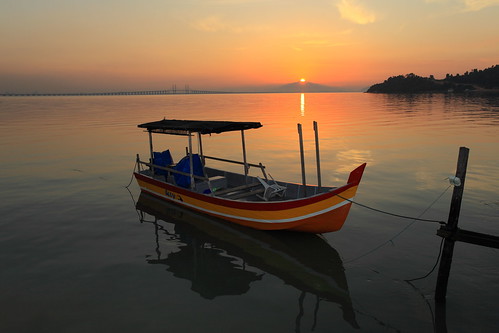 bridge sea sun reflection sunrise boat penang sampan
