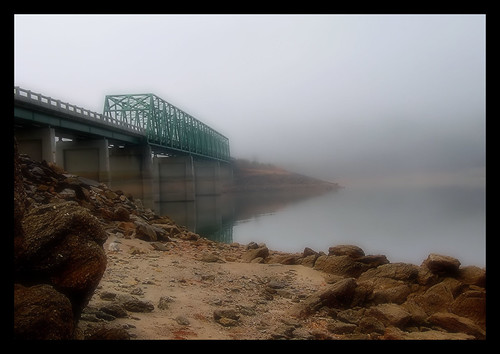 bridge lake reflection water fog georgia emerson