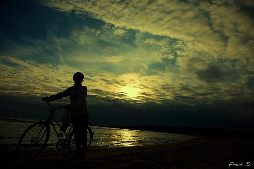 ocean sunset sky sun beach bike silhouette clouds ride freds